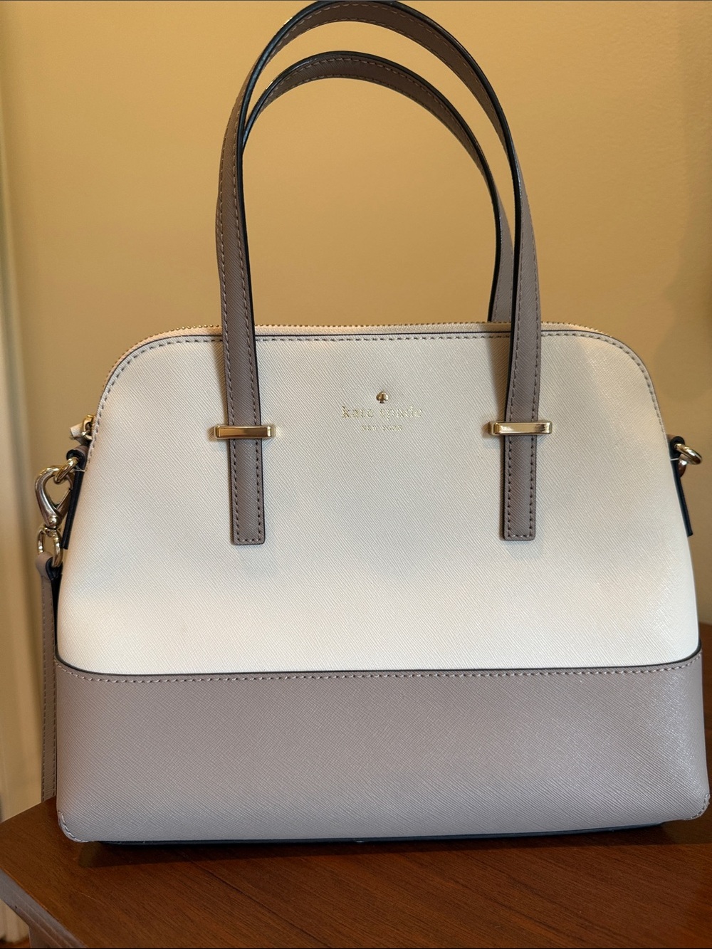 kate spade Two-Tone White and Taupe Satchel with Gold Hardware